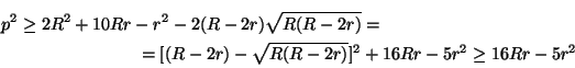 \begin{multline*}
p^2\leq2R^2+10Rr+r^2+{2(R-2r)\sqrt{R(R-2r)}}=\\ =4R^2+4Rr+3r^2-
[(R-2r)-\sqrt{R(R-2r)}]^2\leq4R^2+4Rr+3r^2.
\end{multline*}